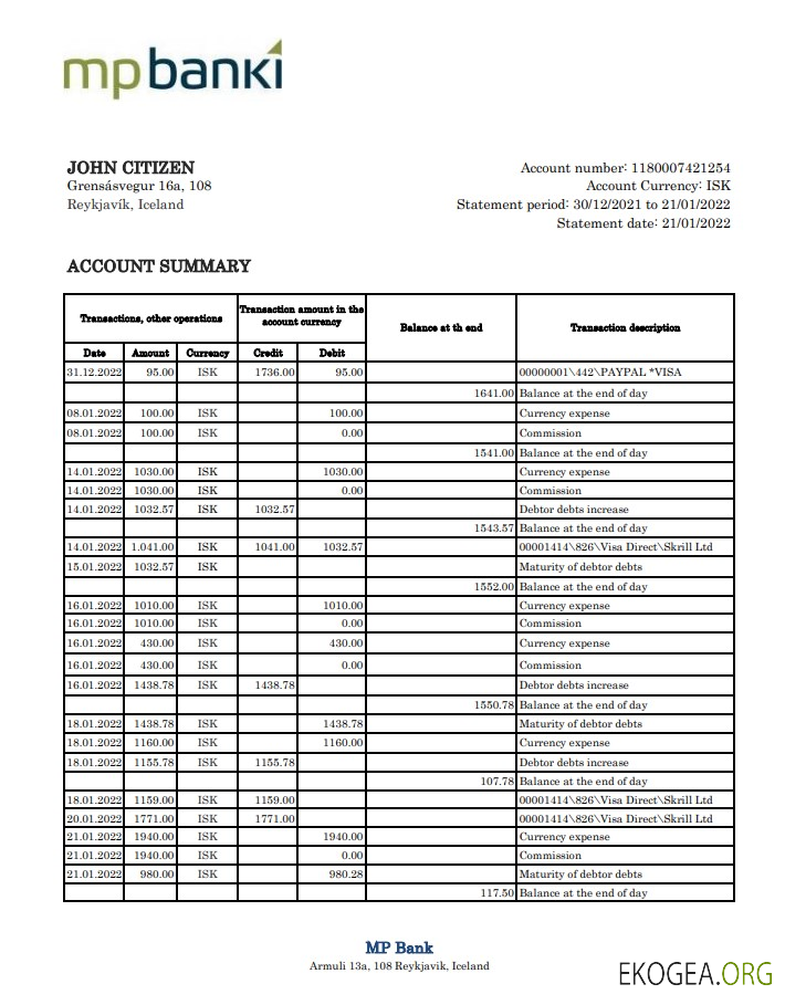 Relevé bancaire du député islandais xls